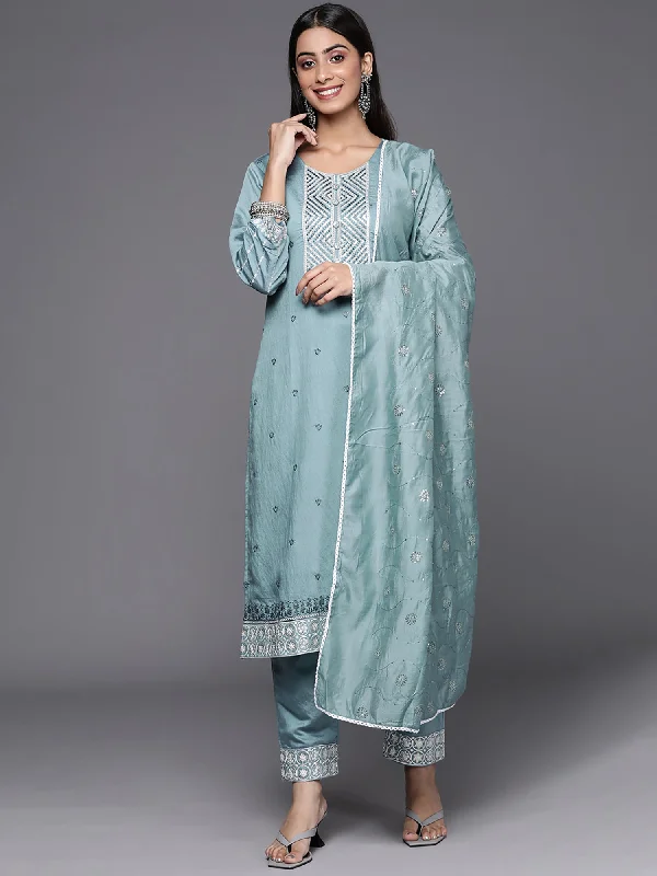 Women's Blue Embroidered Straight Kurta Trousers With Dupatta Set - Indo Era Trousers High Rise Slim Fit Women's Blue Embroidered Straight Kurta Trousers With Dupatta Set - Indo Era Trousers High Rise Slim Fit