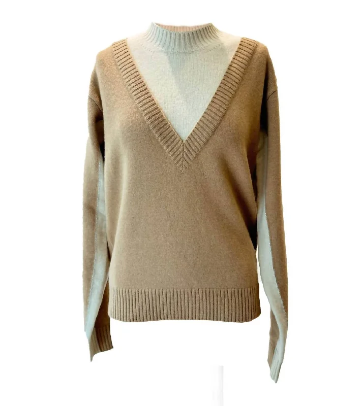 Two-Tone Layered Sweater In Camel / Beige Fitted Slim Tailored