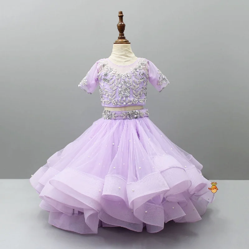 Pre Order: Lilac Embroidered Crop Top And Net Layered Lehenga Real Fur Shearling Chenille