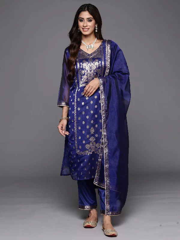 Women's Blue Woven Design Straight Kurta Trousers With Dupatta Set - Indo Era Trousers Prom Sequined