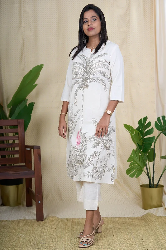 Women's Two Piece Tropical Print Dress - Flax Cotton Casual Wear Boatneck Modish Everyday