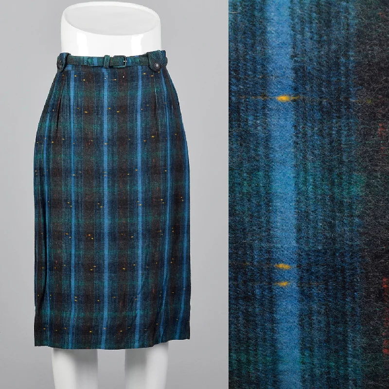 1950s Blue and Green Plaid Flannel Skirt silk skirt smooth