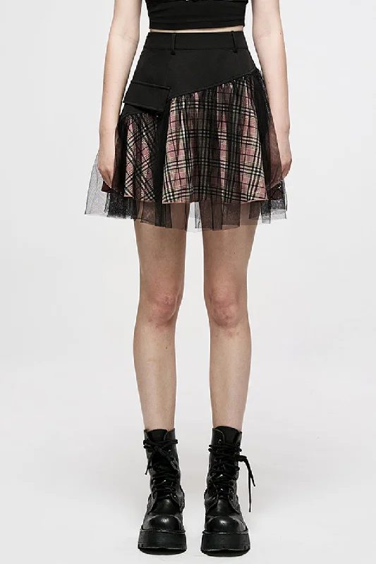 Pink/Black Cotton Splicing Mesh Sweet Plaid Personalized Pocket Decoration Waist Punk Women's Short Skirt chiffon skirt floaty Pink/Black Cotton Splicing Mesh Sweet Plaid Personalized Pocket Decoration Waist Punk Women's Short Skirt chiffon skirt floaty