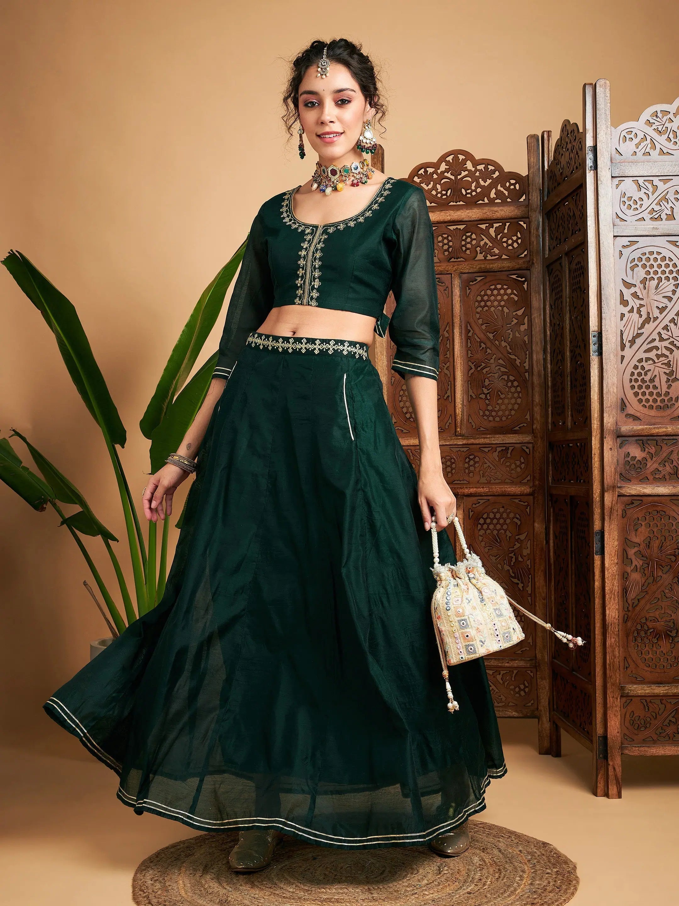 Women Emerald Embroidered Anarkali Skirt With Crop Top Summer Crop Top Casual Short Sleeve