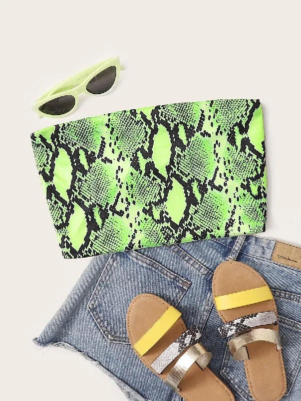 Neon Lime Snakeskin Print Tube Crop Top Collared Crew Neck Turtle Neck