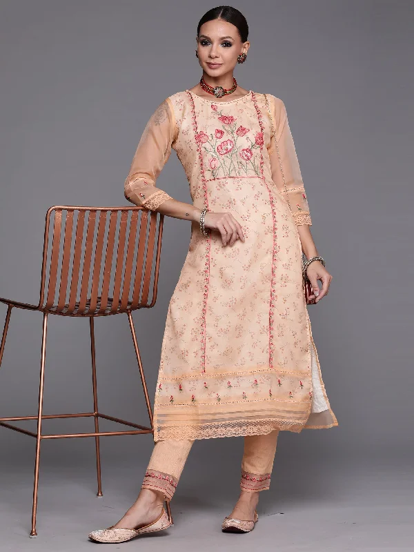Women's Brown Floral Embroidered Straight Kurta Trouser With Dupatta Set - Indo Era Trousers Handmade Artisanal Women's Brown Floral Embroidered Straight Kurta Trouser With Dupatta Set - Indo Era Trousers Handmade Artisanal
