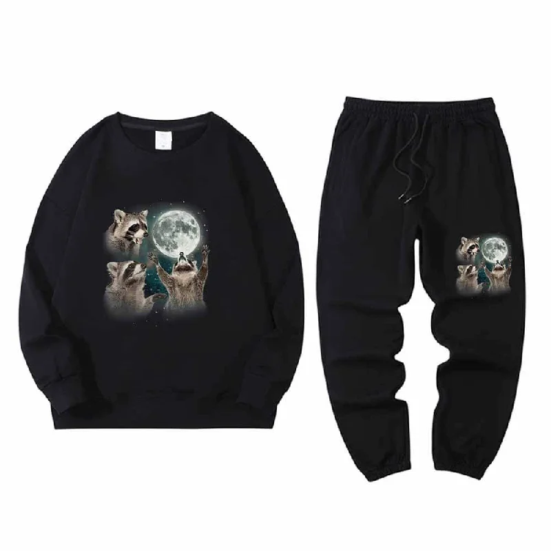 Raccoon Worshiping The Moon Sweatshirt Pants Set Hoodie with Hem Detail Decorative Unique Raccoon Worshiping The Moon Sweatshirt Pants Set Hoodie with Hem Detail Decorative Unique