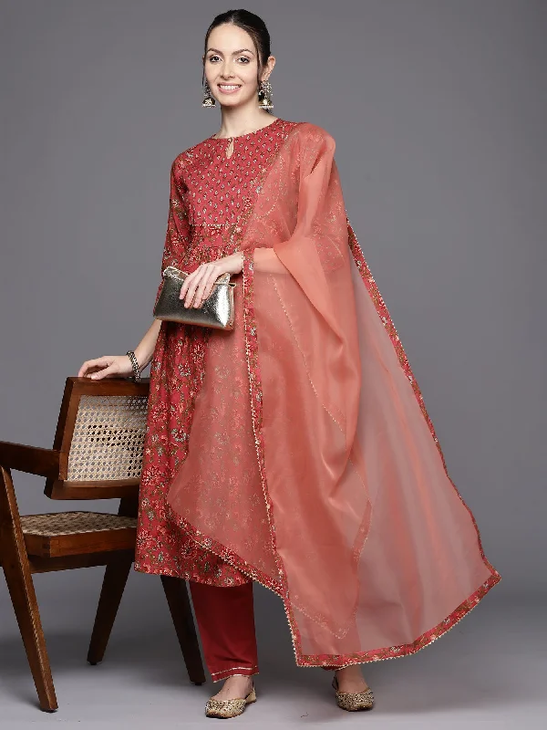 Women's Rust Printed A-Line Kurta Trousers With Dupatta Set - Indo Era Trousers Summer Linen