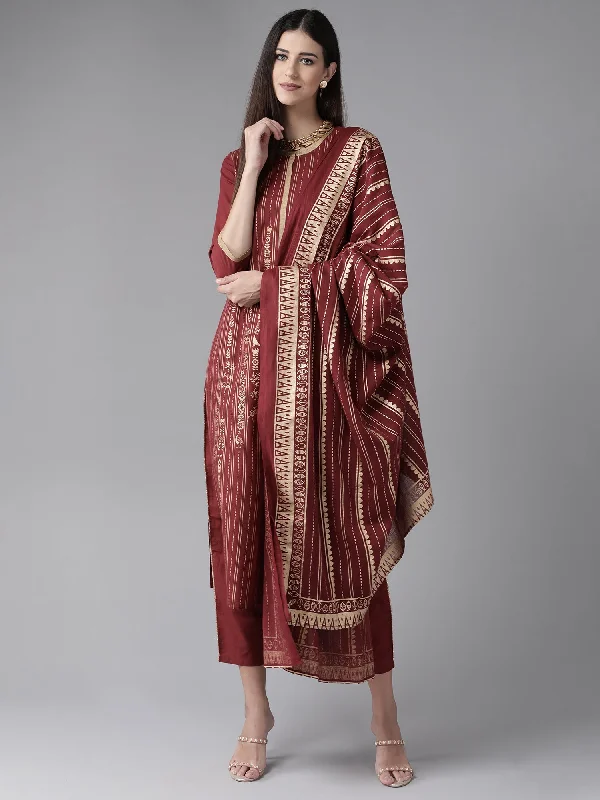 Women's Maroon Foil Printed Kurta Trouser With Dupatta Set - Indo Era Trousers Gym Athletic Women's Maroon Foil Printed Kurta Trouser With Dupatta Set - Indo Era Trousers Gym Athletic