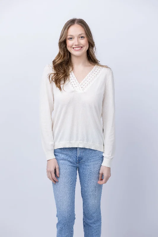 Nic + Zoe Polished Up Sweater in Classic Cream Cable Knit Ribbed Knit Lace Knit