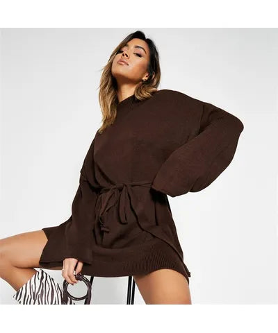 Funnel Neck Belted Sweater Dress Brown Glossy Satin Silk