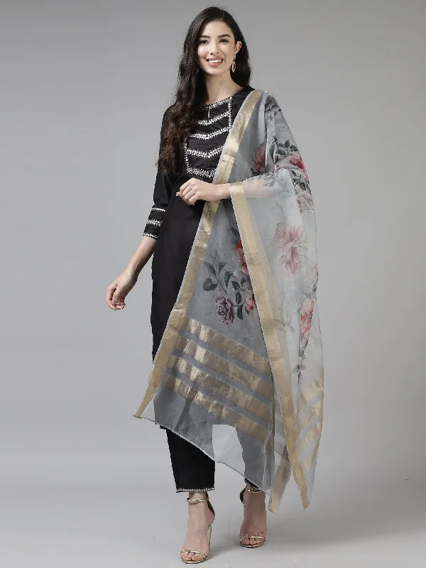 Women's Black Solid Straight Kurta Trouser With Dupatta Set - Indo Era Trousers New Arrival Women's Black Solid Straight Kurta Trouser With Dupatta Set - Indo Era Trousers New Arrival