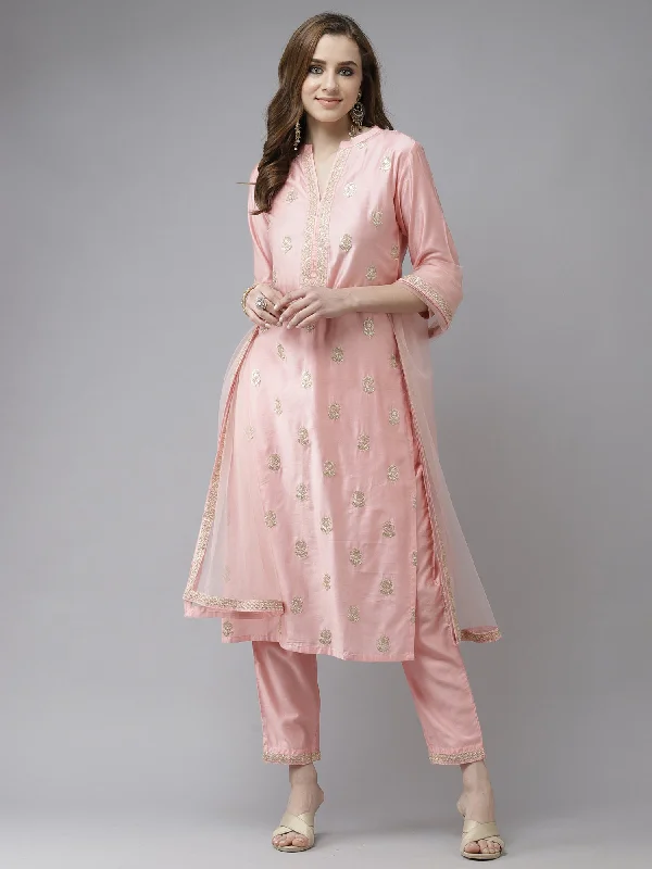 Women's Baby Pink Embroidered Straight Kurta Trouser With Dupatta Set - Indo Era Trousers Harem Relaxed Fit Women's Baby Pink Embroidered Straight Kurta Trouser With Dupatta Set - Indo Era Trousers Harem Relaxed Fit