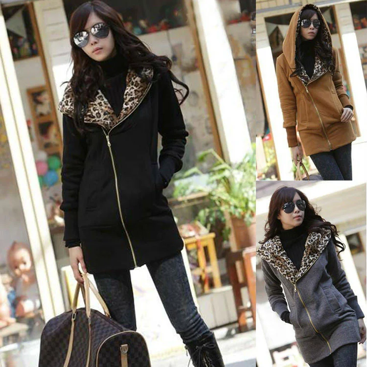New Women's Long Sleeve Leopard Jacket Coat Warm Sweater Outerwear Casual Zipper Hoodie Sweatshirt Neon Metallic Matte