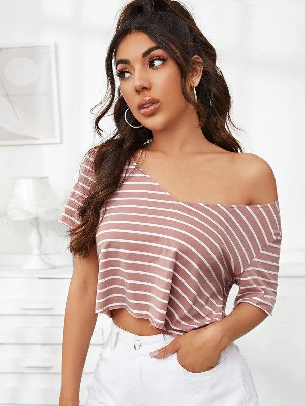 V-Neck Striped Crop Top Spandex Blend Rayon Blend Denim Blend