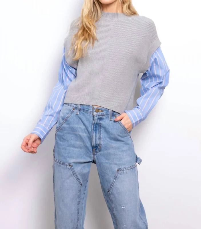 Sutton Shirt Sleeve Sweater In Grey Striped Floral Plaid
