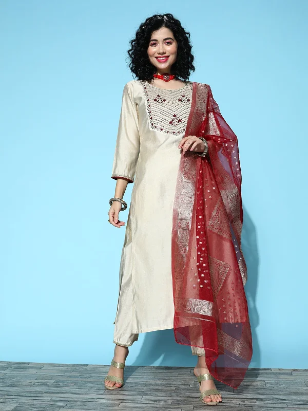 Women's Off White Embroidered Straight Kurta Trousers With Dupatta Set - Indo Era Trousers Bestseller Popular