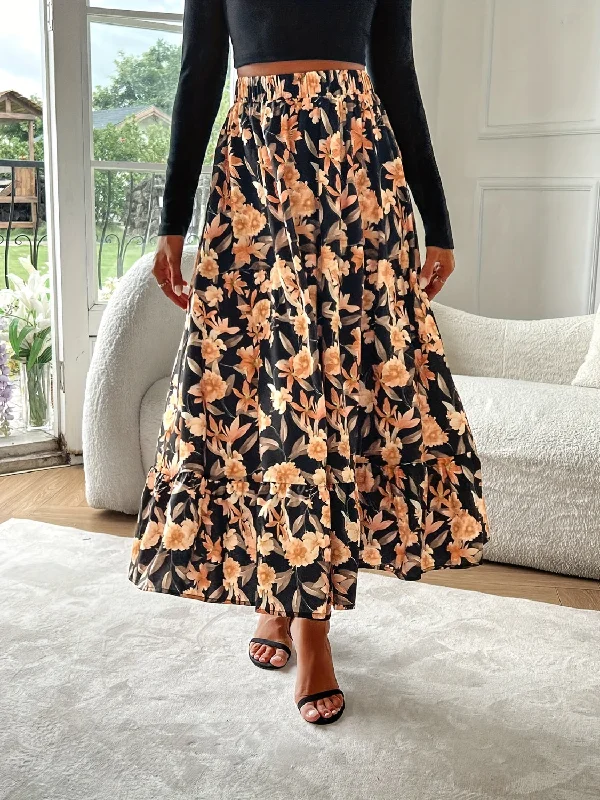 Blue Zone Planet |  Floral Elastic Waist Midi Skirt ribbed skirt waist