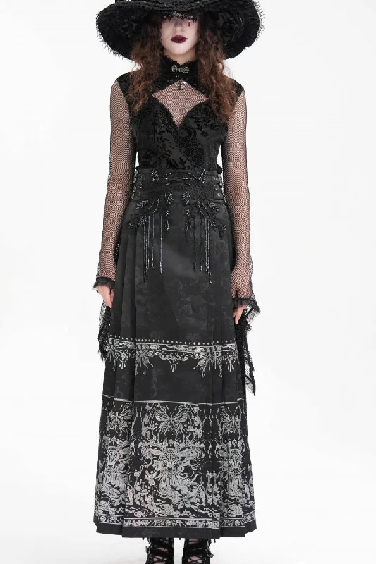Black Print Embroidery Women's Gothic Crochet Tassels Bucket-up Long Skirt velvet skirt sumptuous Black Print Embroidery Women's Gothic Crochet Tassels Bucket-up Long Skirt velvet skirt sumptuous