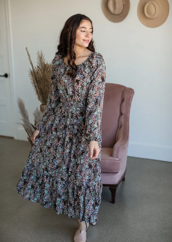 Brown Botanical Print Belted Dress - FINAL SALE sweetheart Neckline Romantic