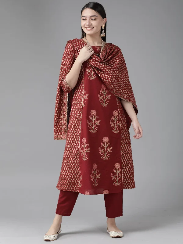 Women's Maroon Printed Straight Kurta Trouser With Dupatta Set - Indo Era Trousers Elastic Waist Soft Women's Maroon Printed Straight Kurta Trouser With Dupatta Set - Indo Era Trousers Elastic Waist Soft