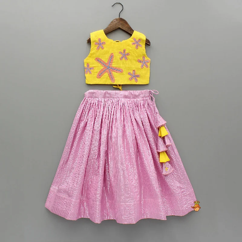 Yellow Thread Embroidered Crop Top And Pleated Lehenga Hooded Caped Shawl Collar