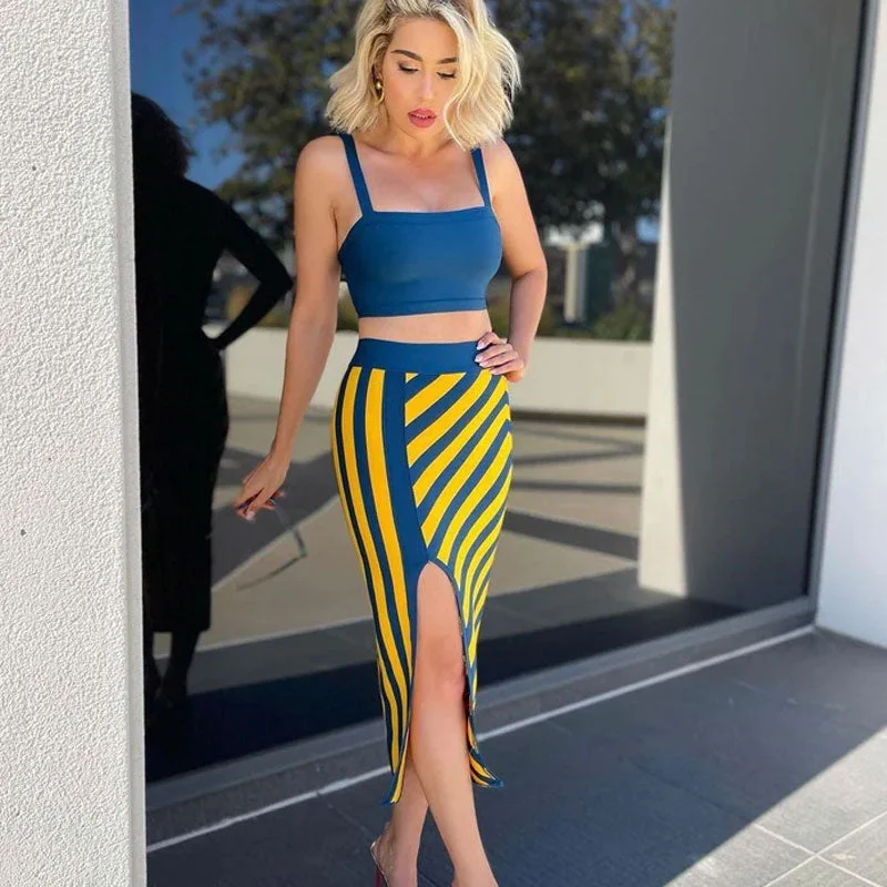 Vivid Crop Tank Contrast Stripe Bandage Midi Skirt Matching Set -Yellow stretchy tank top