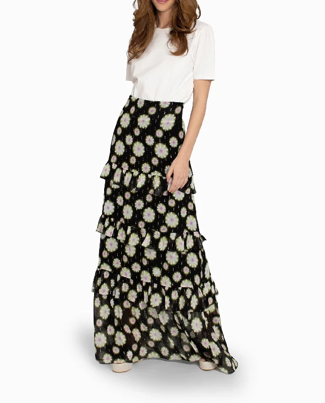 Nicole Miller Hazy Daisy Tiered Maxi Skirt velvet skirt sumptuous