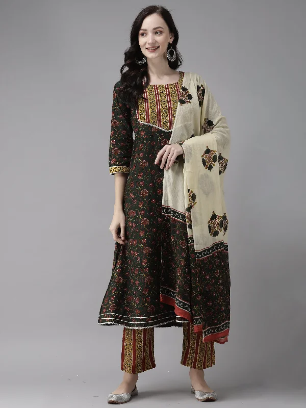 Women's Green Printed A-Line Kurta Trouser With Dupatta Set - Indo Era Trousers Top Rated Women's Green Printed A-Line Kurta Trouser With Dupatta Set - Indo Era Trousers Top Rated
