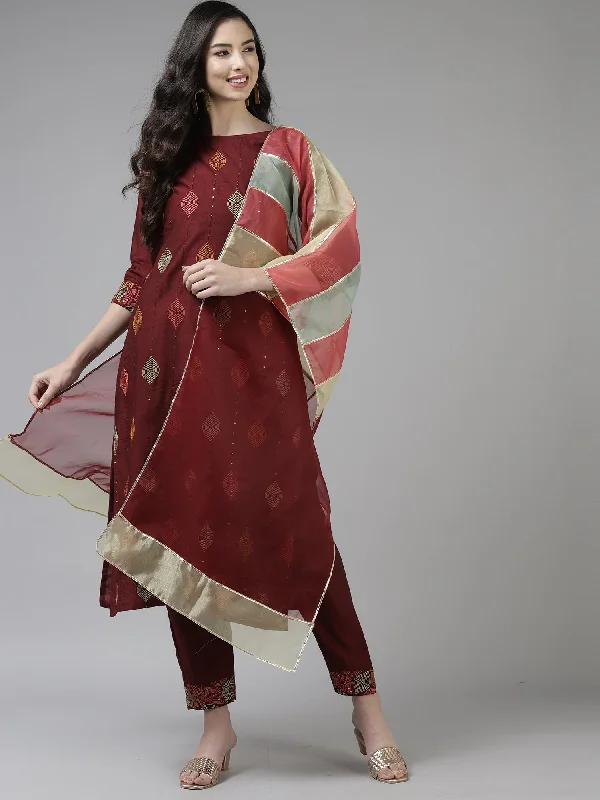 Women's Maroon Floral Embroidered Straight Kurta Trouser With Dupatta Set - Indo Era Wide Leg Loose Fit Mid Waist Women's Maroon Floral Embroidered Straight Kurta Trouser With Dupatta Set - Indo Era Wide Leg Loose Fit Mid Waist