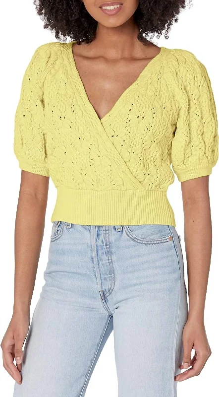 Elowen Short Sleeve Loose Knit Sweater In Lime Green Solid Color Striped Floral Print
