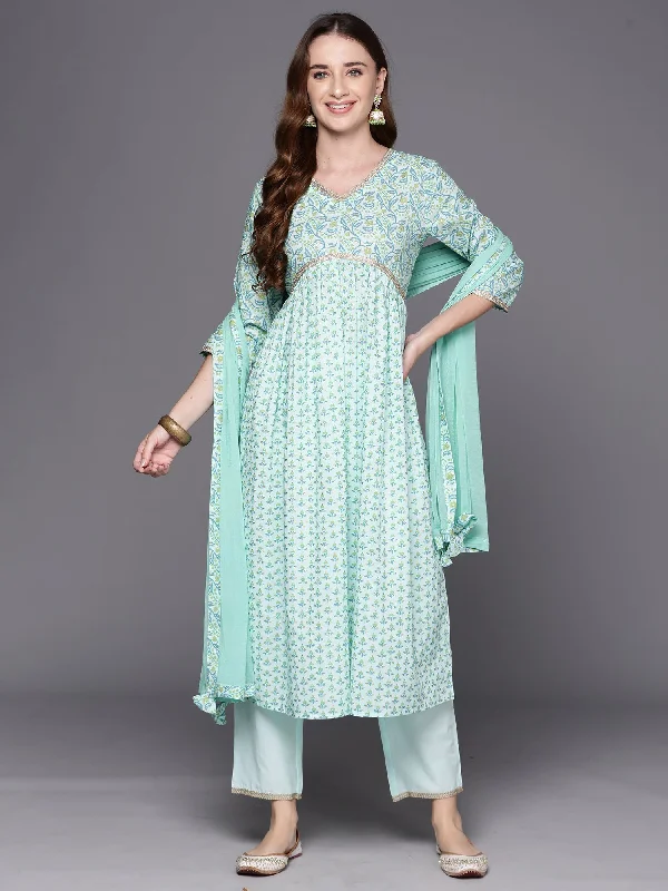Women's Sea Green Printed A-Line Kurta Trousers With Dupatta Set - Indo Era Trousers Prom Sequined Women's Sea Green Printed A-Line Kurta Trousers With Dupatta Set - Indo Era Trousers Prom Sequined