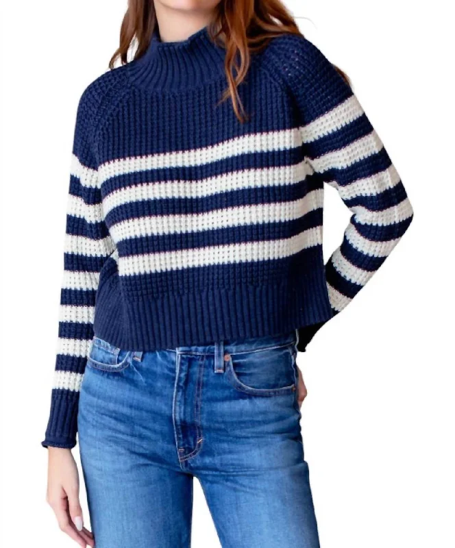 Boxy Funnel Neck Sweater In Navy/ivory Stripe Terry Blend Velvet Blend Canvas Blend