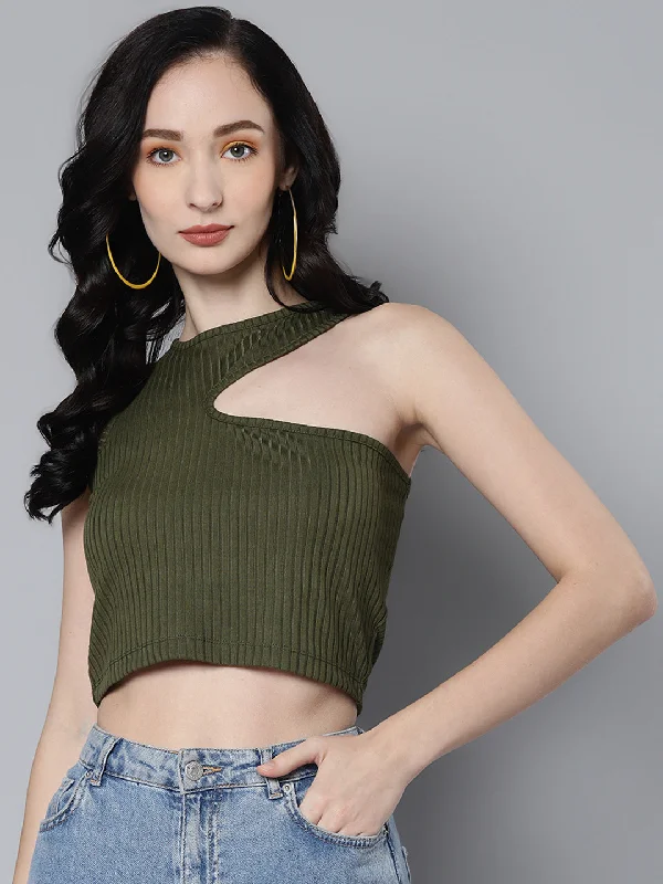 Women Olive Rib Asymmetric Armhole Crop Top Hooded Caped Shawl Collar