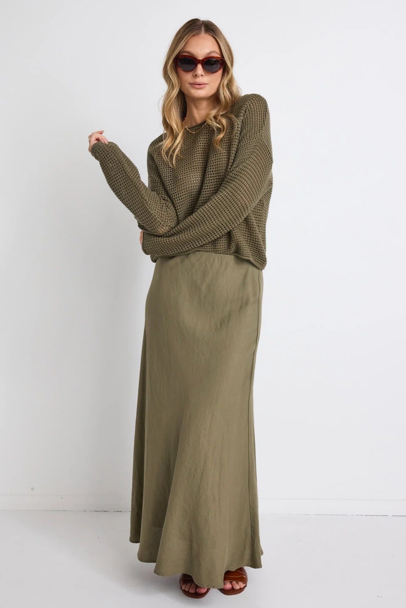 RE:Union - Lagos Floaty Bias Cut Maxi Skirt - Soft Khaki velvet skirt plush