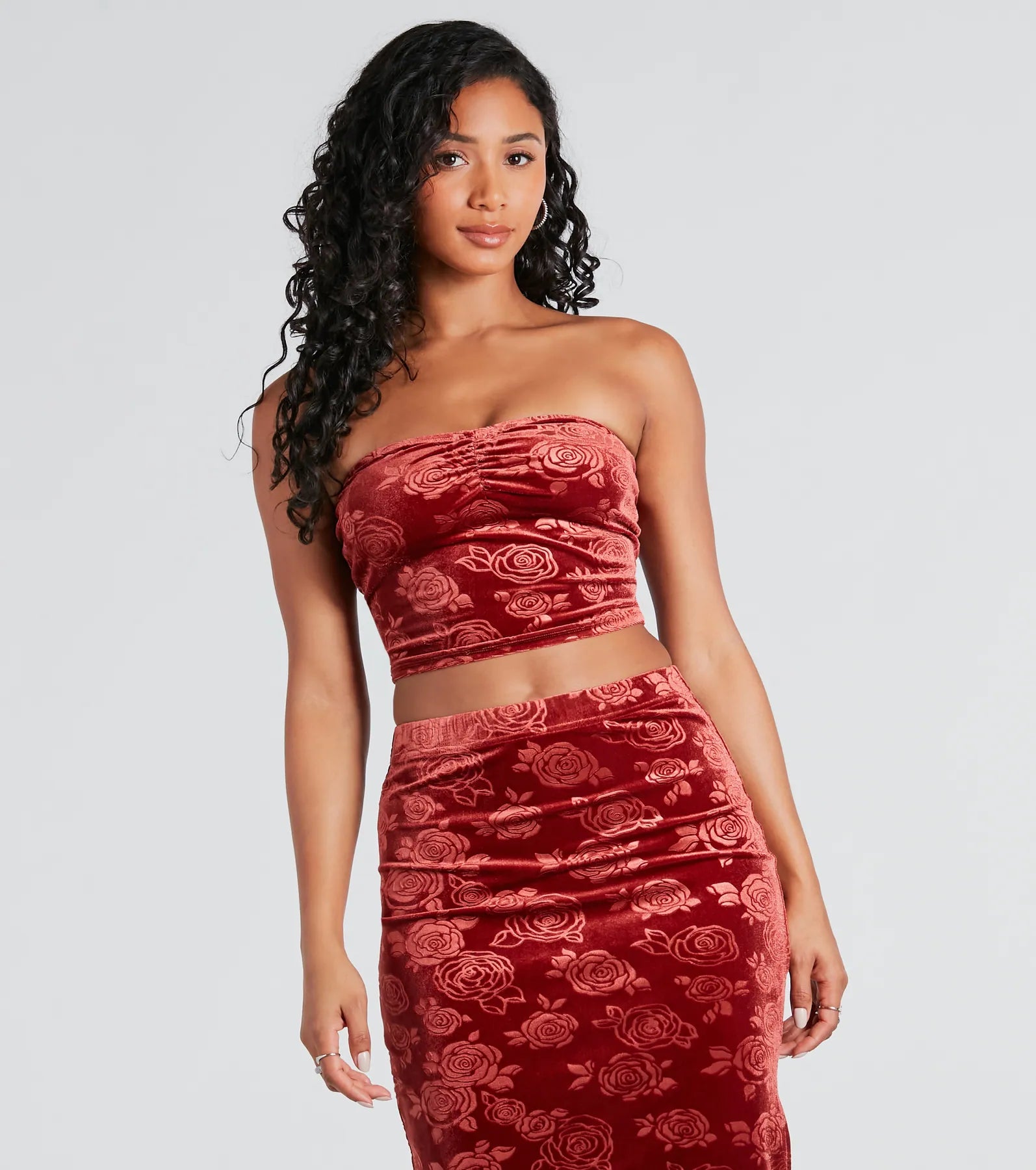 Loves Me Velvet Floral Strapless Crop Top Terry Blend Velvet Blend Canvas Blend