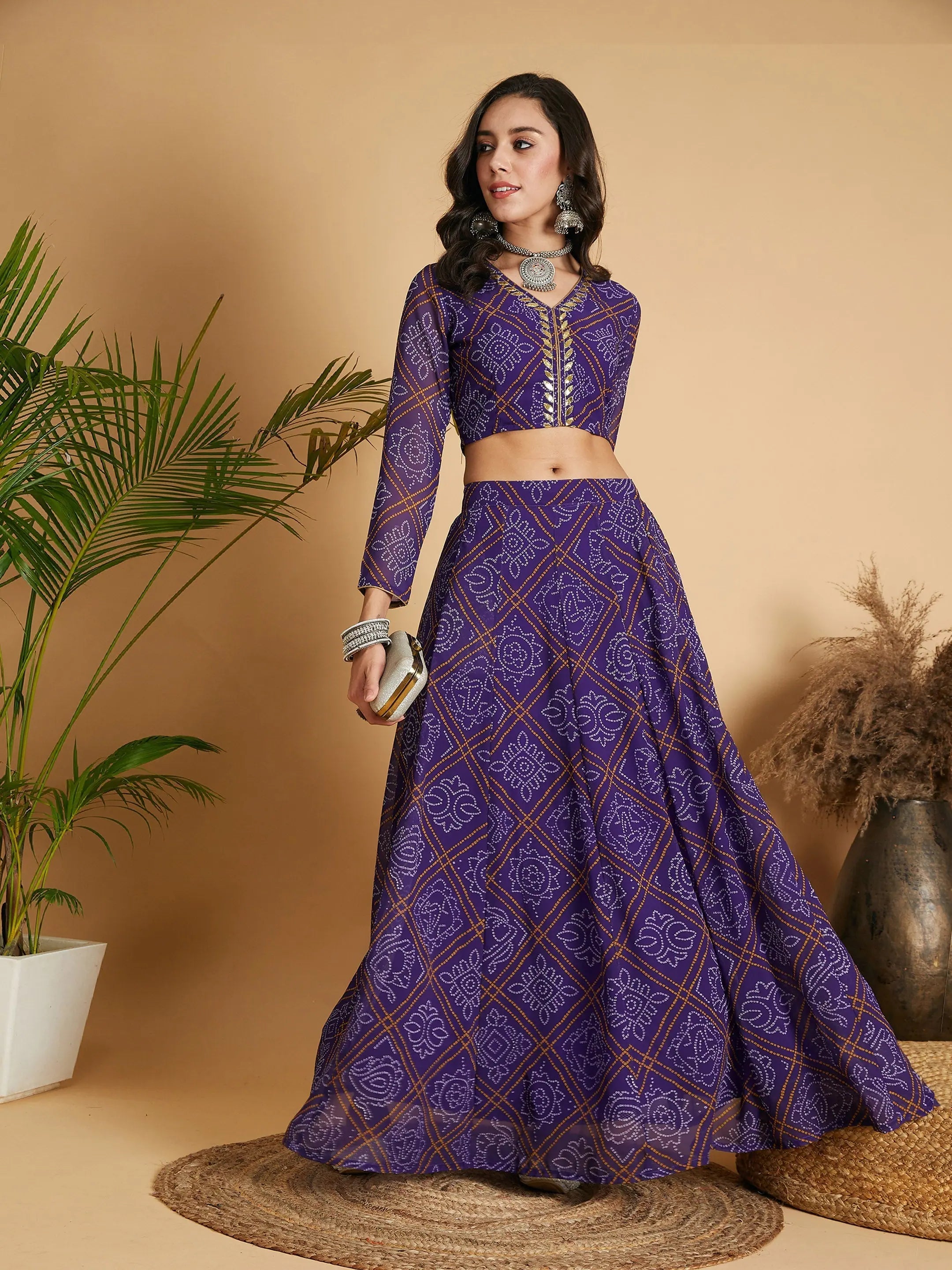 Women Purple & White Bandhej Anarkali Skirt With Crop Top Iron Safe Non-Iron Wrinkle Free