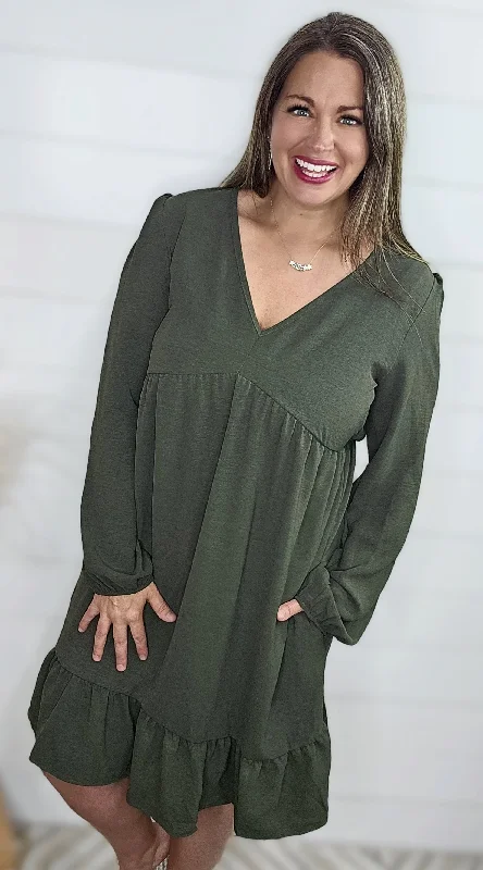 OLIVE V NECK BABYDOLL DRESS W/ RUFFLE HEM Tunics Seasonal trendy