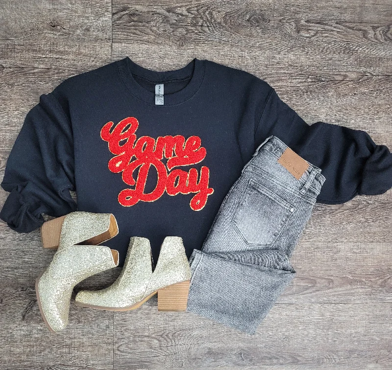 Hazel Blues® | Game Day Patch Black Sweatshirt Hoodie with Hem Raw Edge Edgy Unfinished Hazel Blues® | Game Day Patch Black Sweatshirt Hoodie with Hem Raw Edge Edgy Unfinished