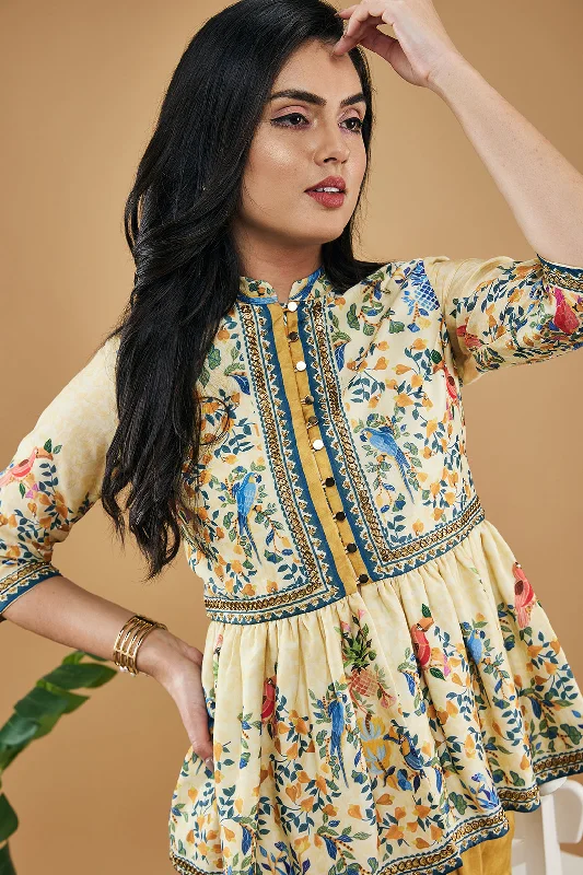 Bird And Tile Printed Peplum Top With Drape Skirt vintage skirt charm