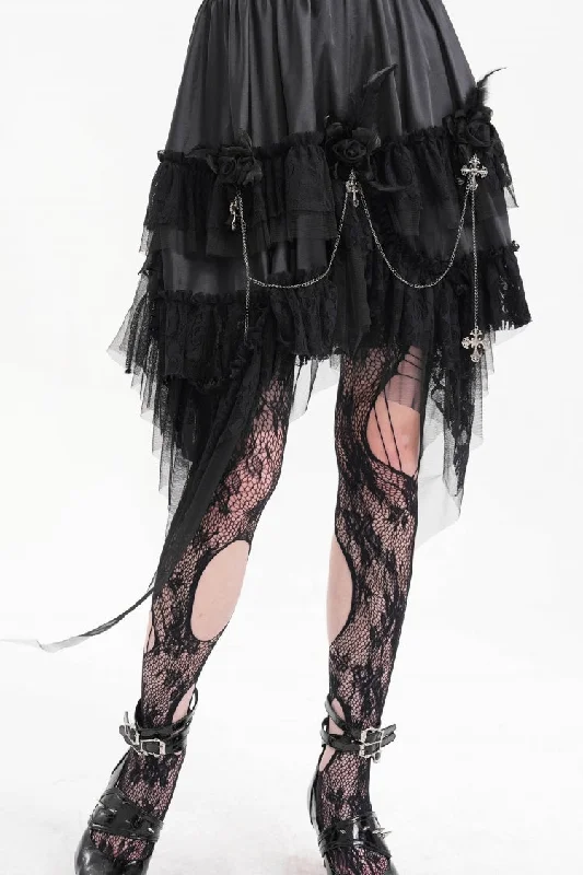 Black Cross Chain Ruffle Lace Irregular Hem Women's Gothic Skirt corduroy skirt textured