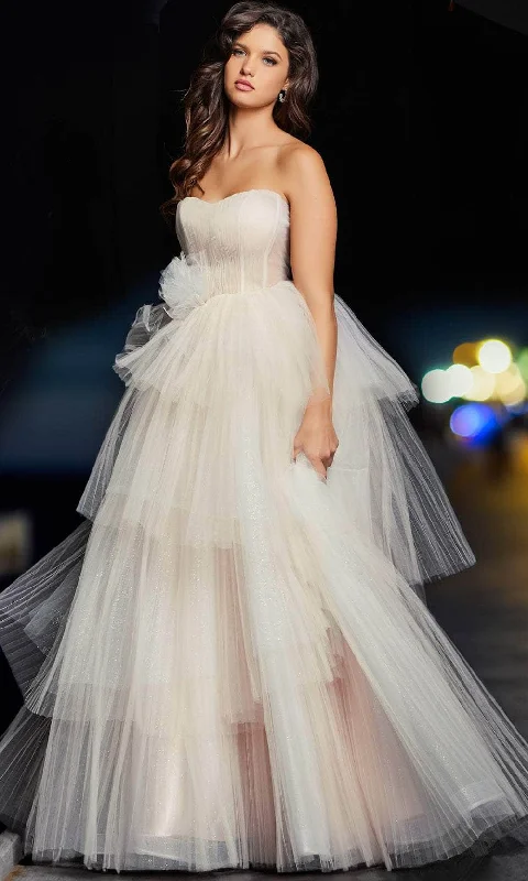 Jovani 38537 - Tiered Skirt Off Shoulder A-line Gown linen skirt light