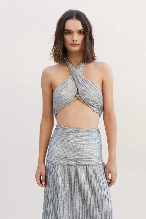 Suboo Ana Halter Wrap Crop Top - Silver Denim Fabric Leather Fabric Suede Fabric