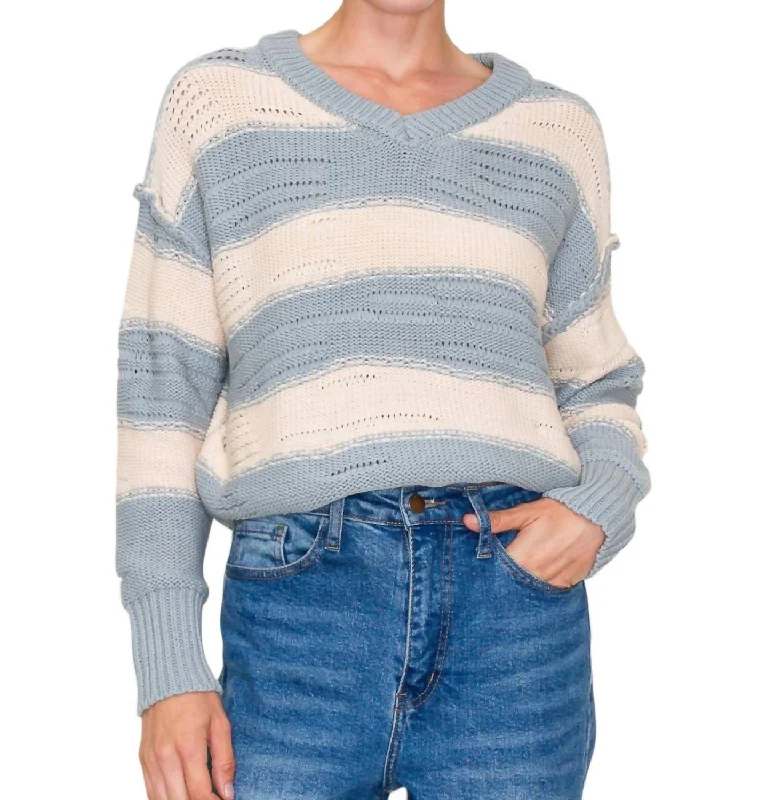 Distressed Detail Bold Striped V-Neck Sweater In Dusty Blue Solid Print Embellished