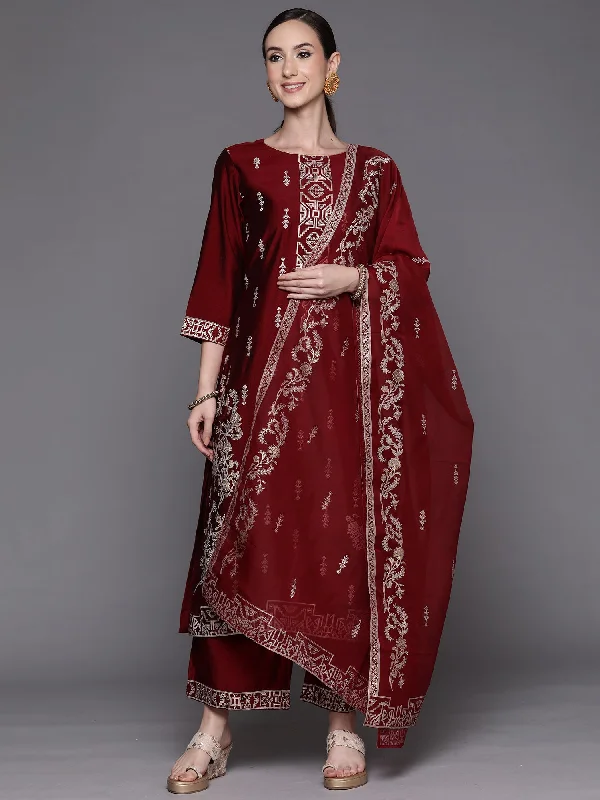 Women's Maroon Printed Straight Kurta Trousers With Dupatta Set - Indo Era Trousers Vintage Classic Women's Maroon Printed Straight Kurta Trousers With Dupatta Set - Indo Era Trousers Vintage Classic