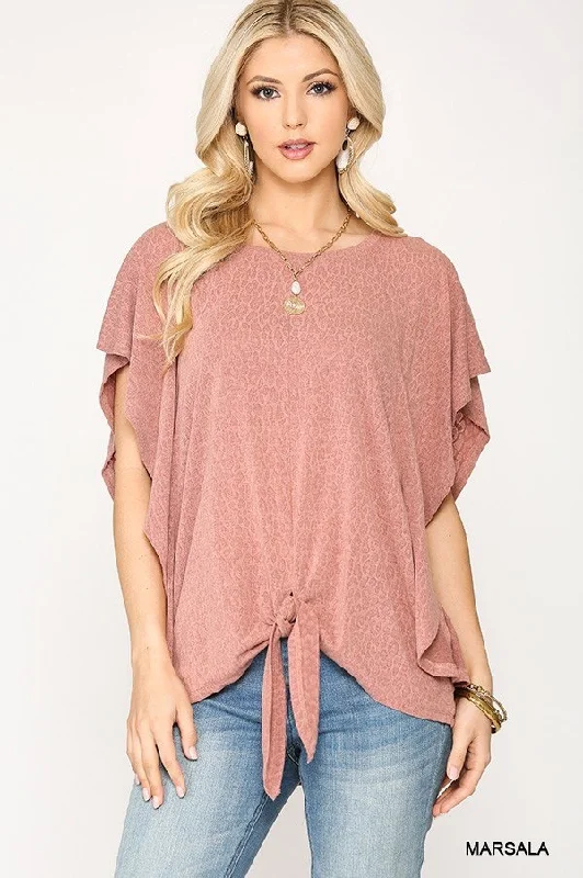 Leopard Jacquard Knit Jersey Top With Front Tie, Ruffled Sleeve Pink Jersey Tee