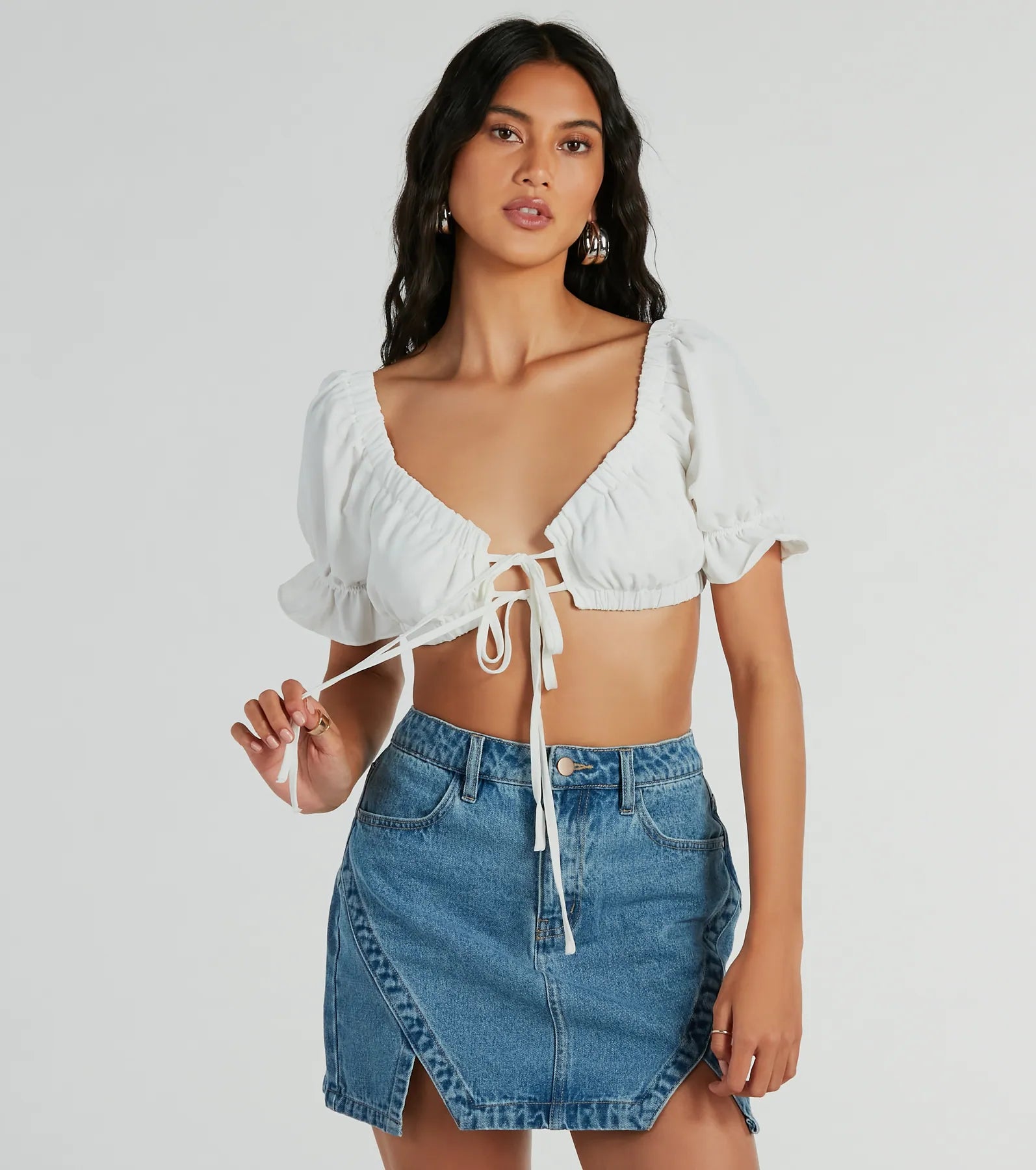 Fresh Look Puff Sleeve Tie-Front Crop Top Mesh Fabric Canvas Fabric Denim Fabric