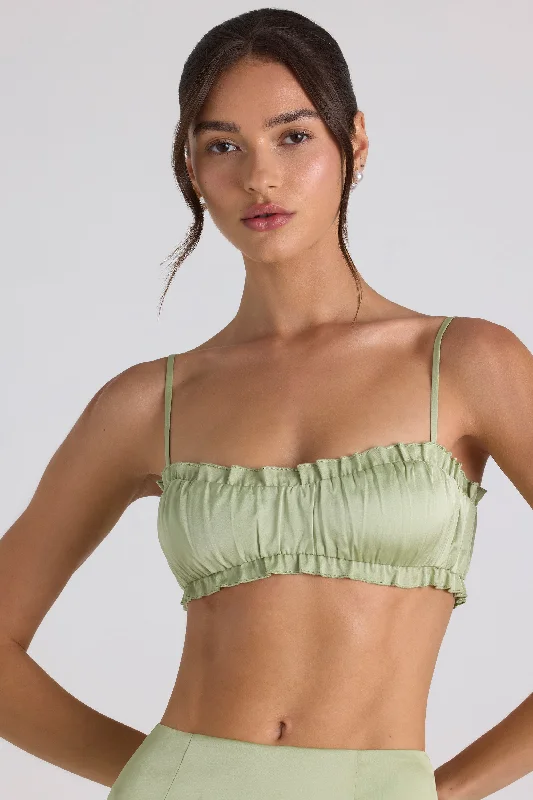 Ruffle-Trim Smocked Crop Top in Spring Green Wool Fabric Cashmere Fabric Tweed Fabric Ruffle-Trim Smocked Crop Top in Spring Green Wool Fabric Cashmere Fabric Tweed Fabric