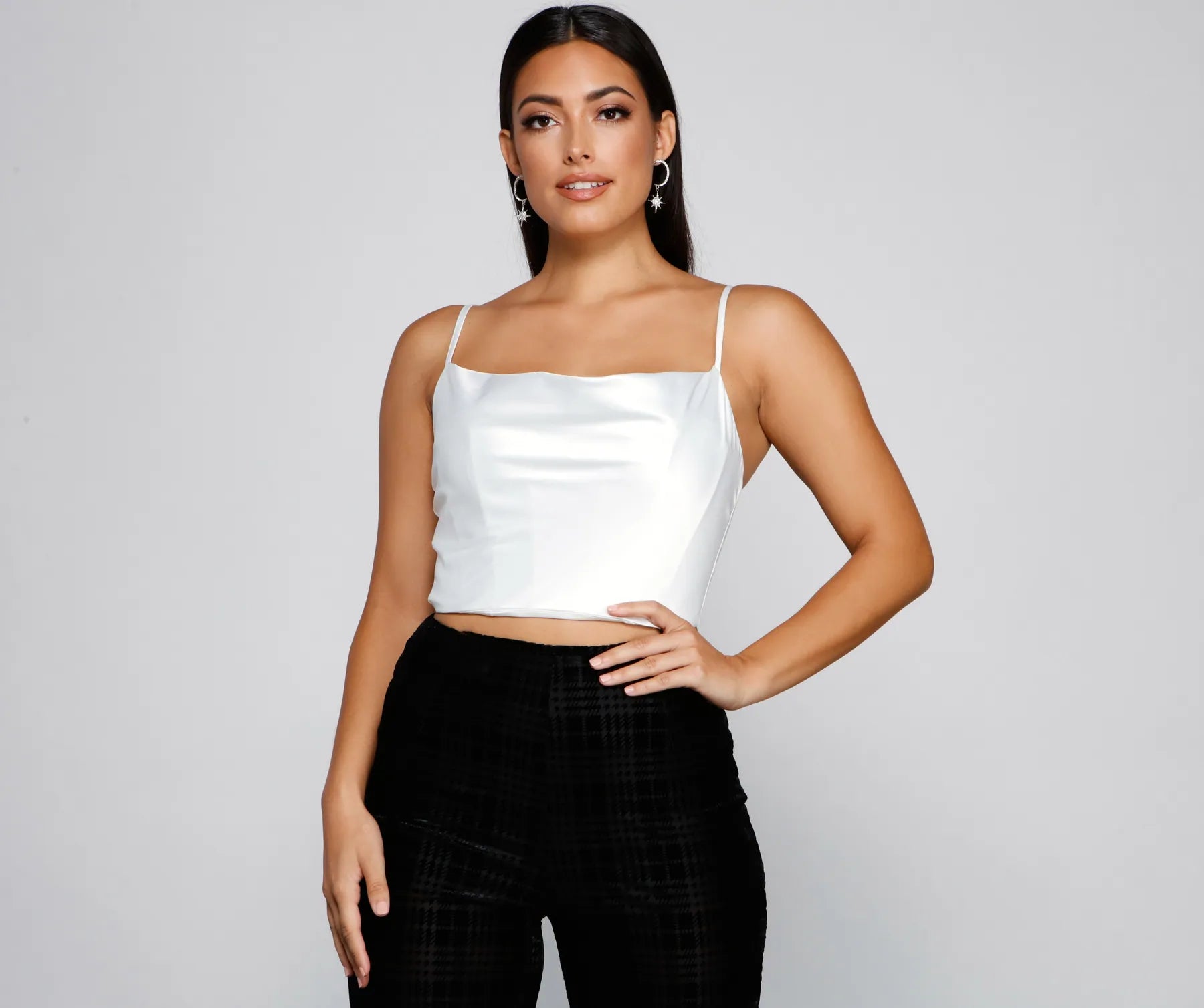Love Note Satin Cowl Crop Top Striped Floral Plaid
