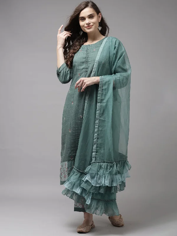 Women's Sea Green Embroidered Straight Kurta Trouser With Dupatta Set - Indo Era Trousers Satin Smooth